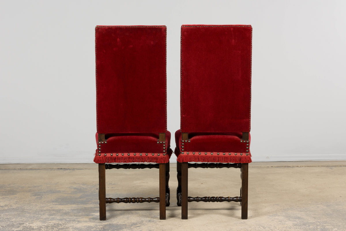 Antique French Louis XIII Style Maple Dining Chairs in Red Velvet - Set of 10