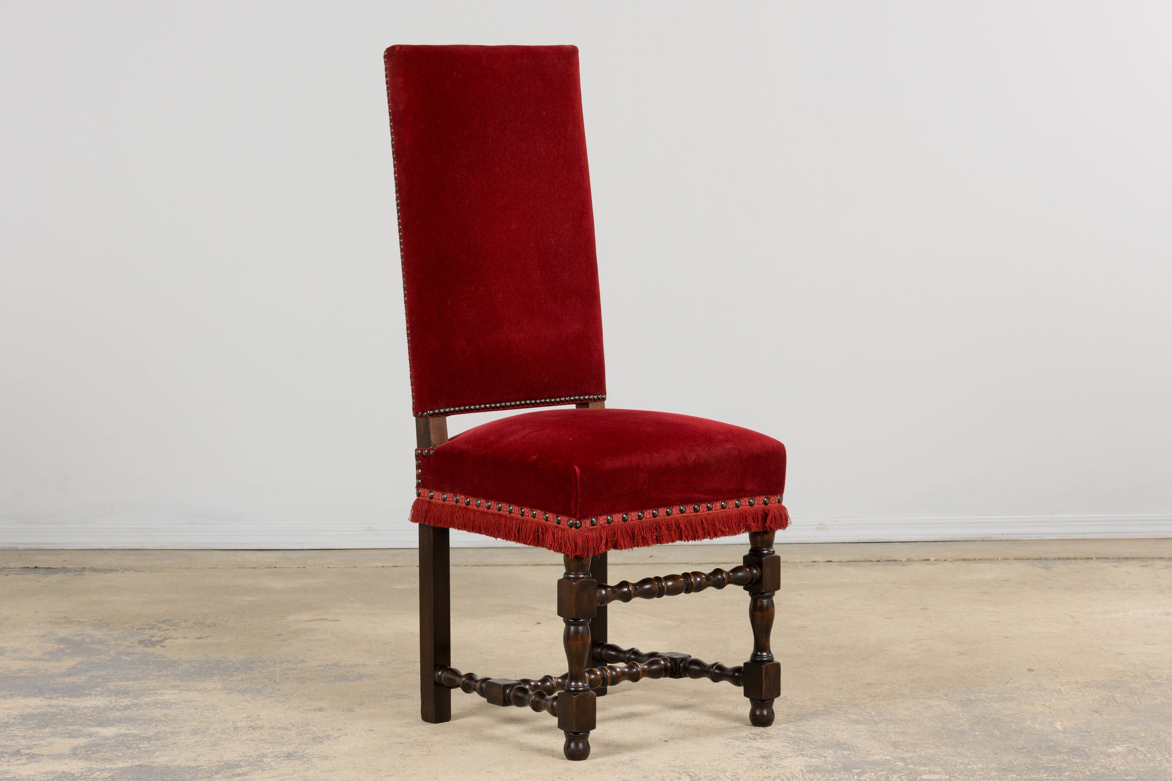 Antique French Louis XIII Style Maple Dining Chairs in Red Velvet - Set of 10