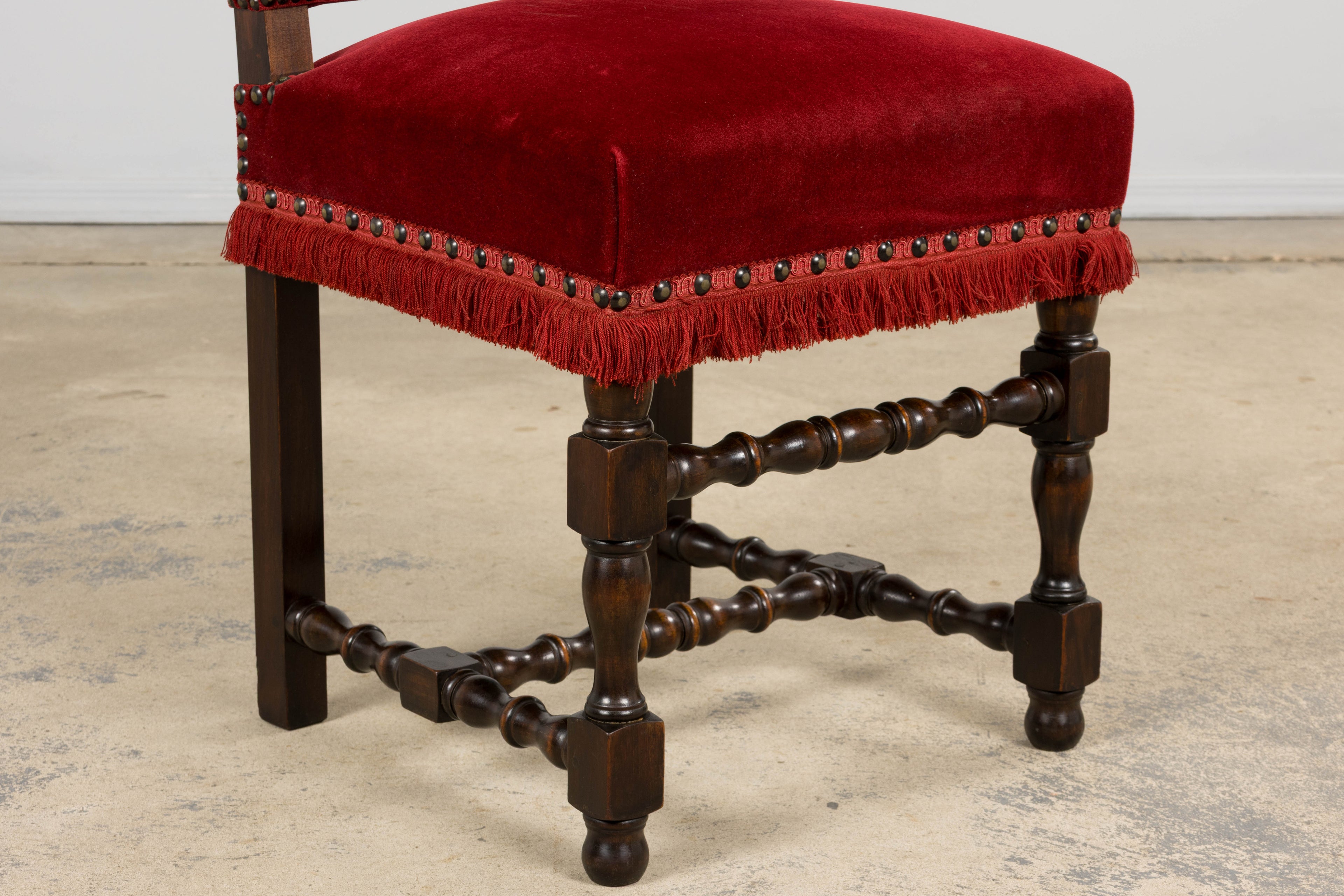 Antique French Louis XIII Style Maple Dining Chairs in Red Velvet - Set of 10