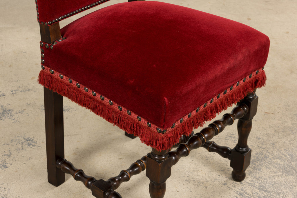Antique French Louis XIII Style Maple Dining Chairs in Red Velvet - Set of 10