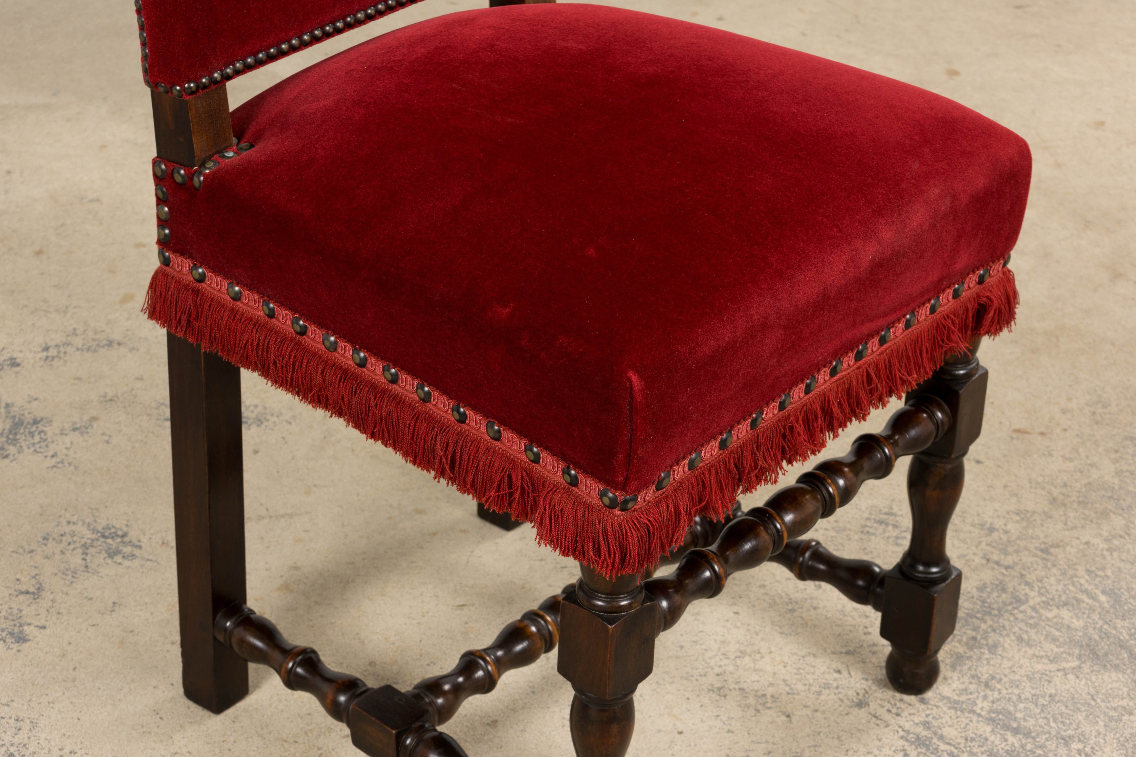 Antique French Louis XIII Style Maple Dining Chairs in Red Velvet - Set of 10