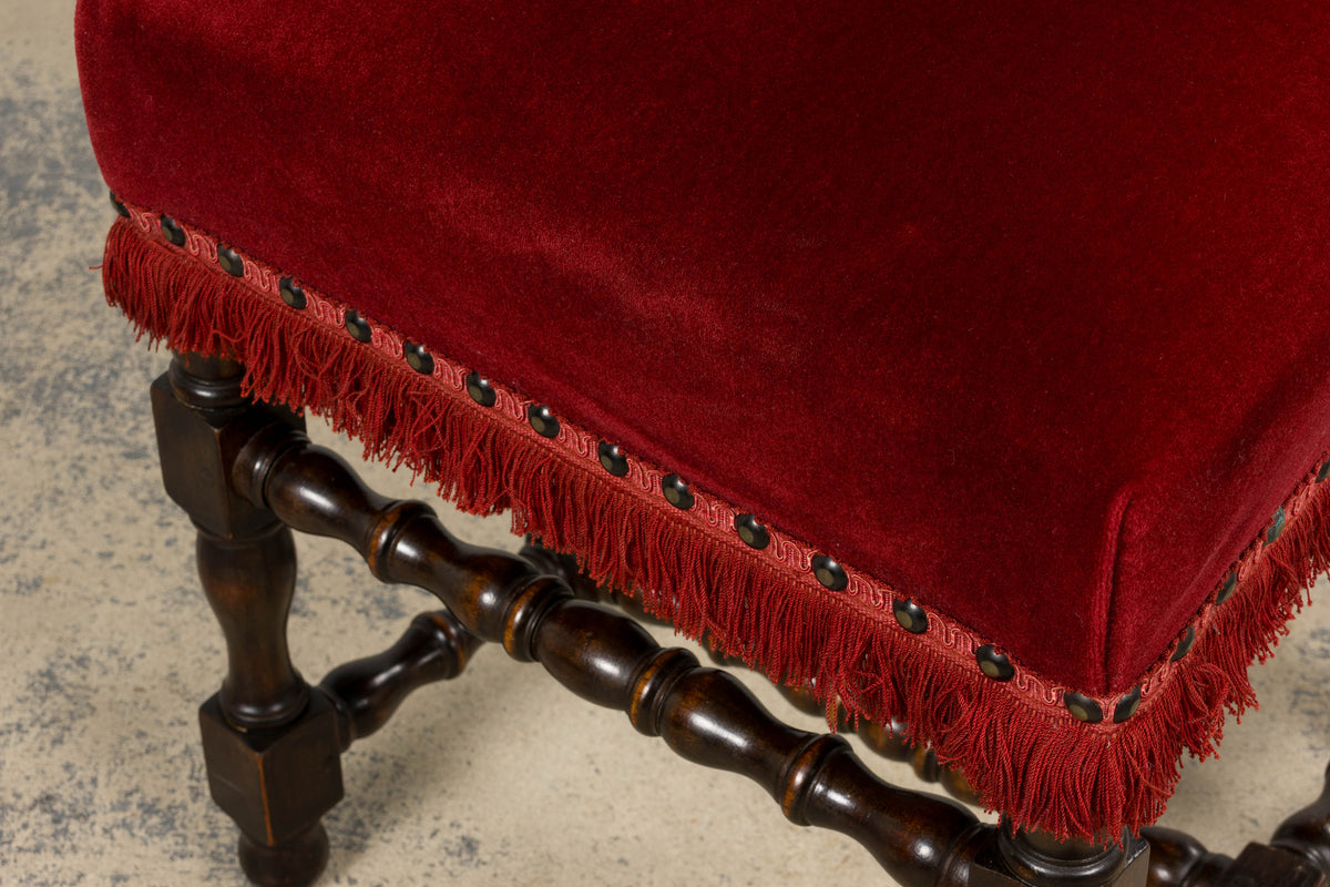 Antique French Louis XIII Style Maple Dining Chairs in Red Velvet - Set of 10