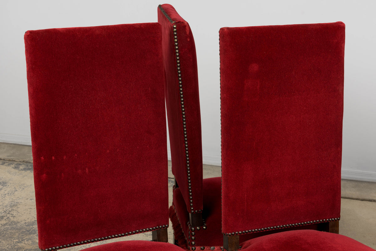 Antique French Louis XIII Style Maple Dining Chairs in Red Velvet - Set of 10