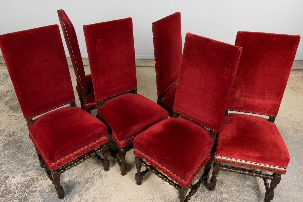 Antique French Louis XIII Style Maple Dining Chairs in Red Velvet - Set of 10