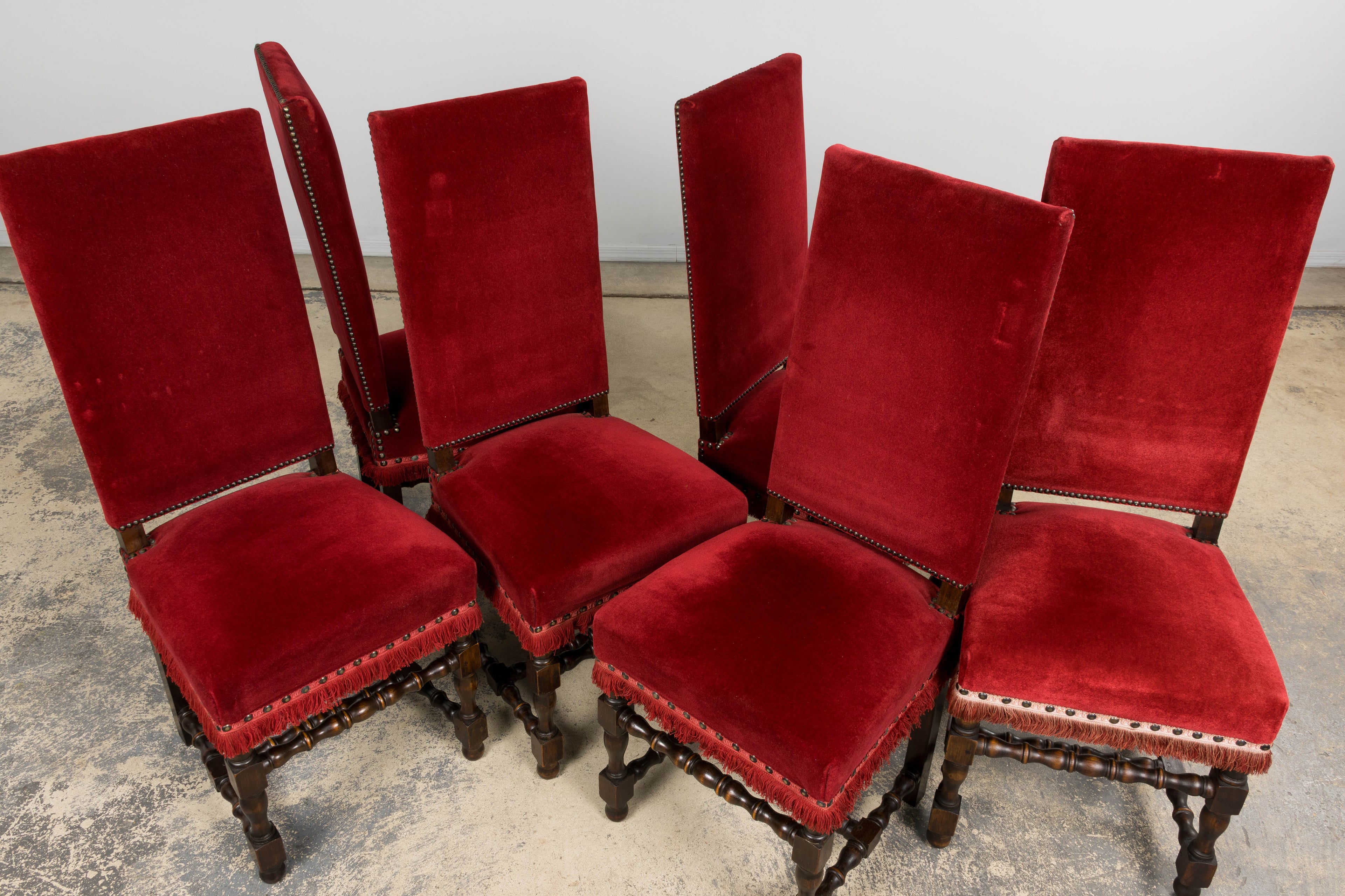 Antique French Louis XIII Style Maple Dining Chairs in Red Velvet - Set of 10