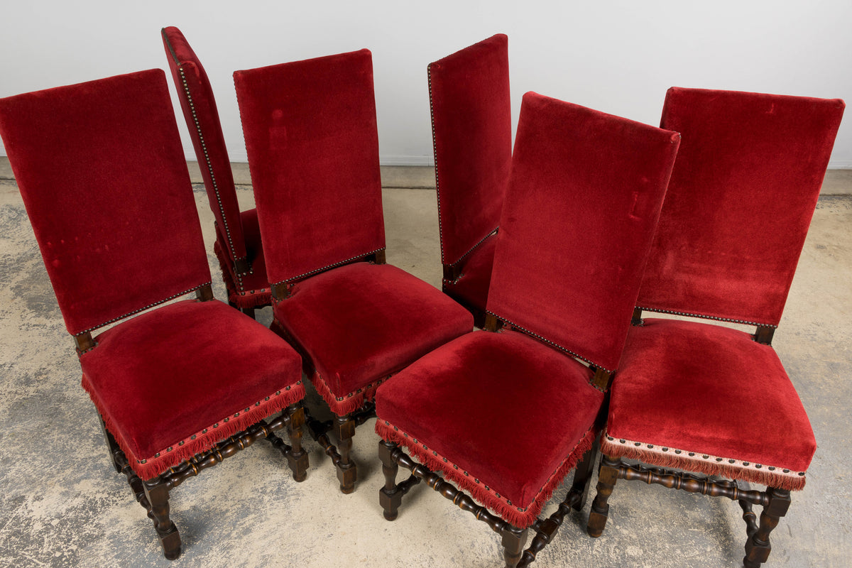 Antique French Louis XIII Style Maple Dining Chairs in Red Velvet - Set of 10
