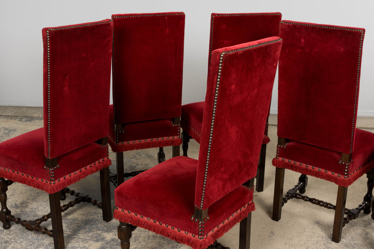 Antique French Louis XIII Style Maple Dining Chairs in Red Velvet - Set of 10