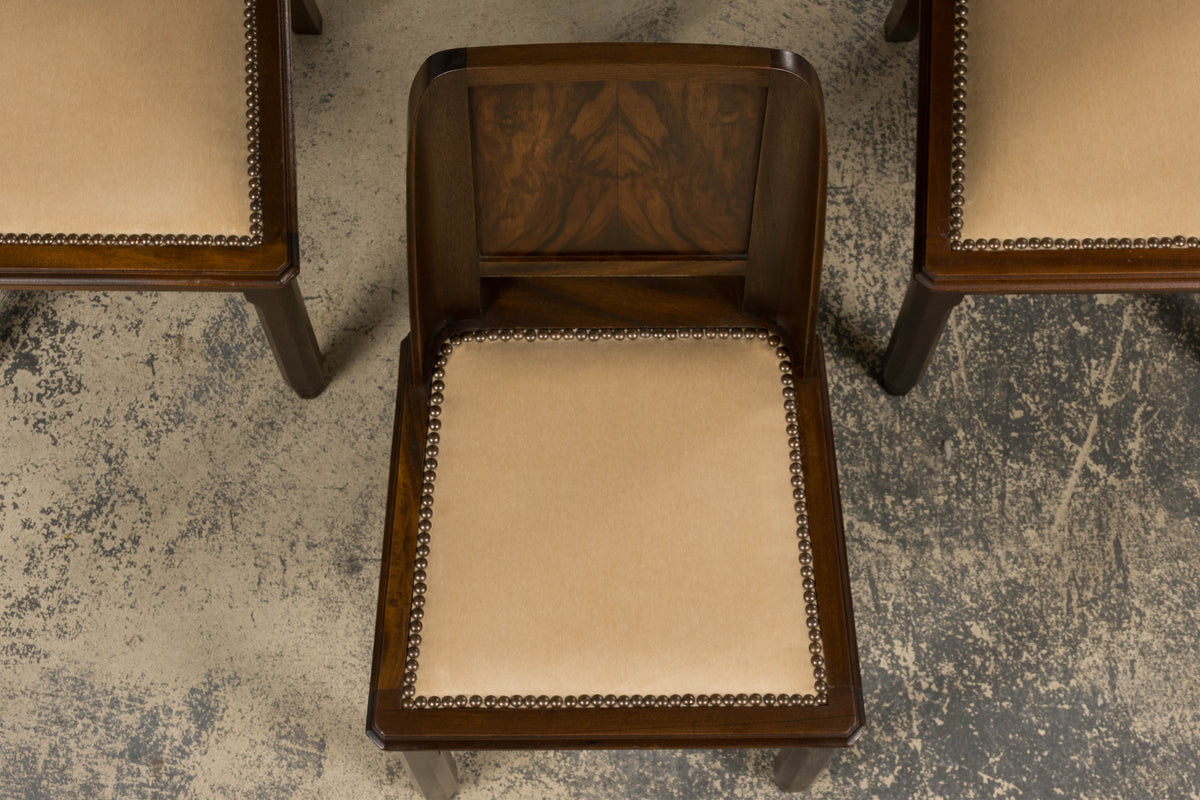 1930s French Art Deco Mahogany Dining Chairs W/ Beige Velvet - Set of 6