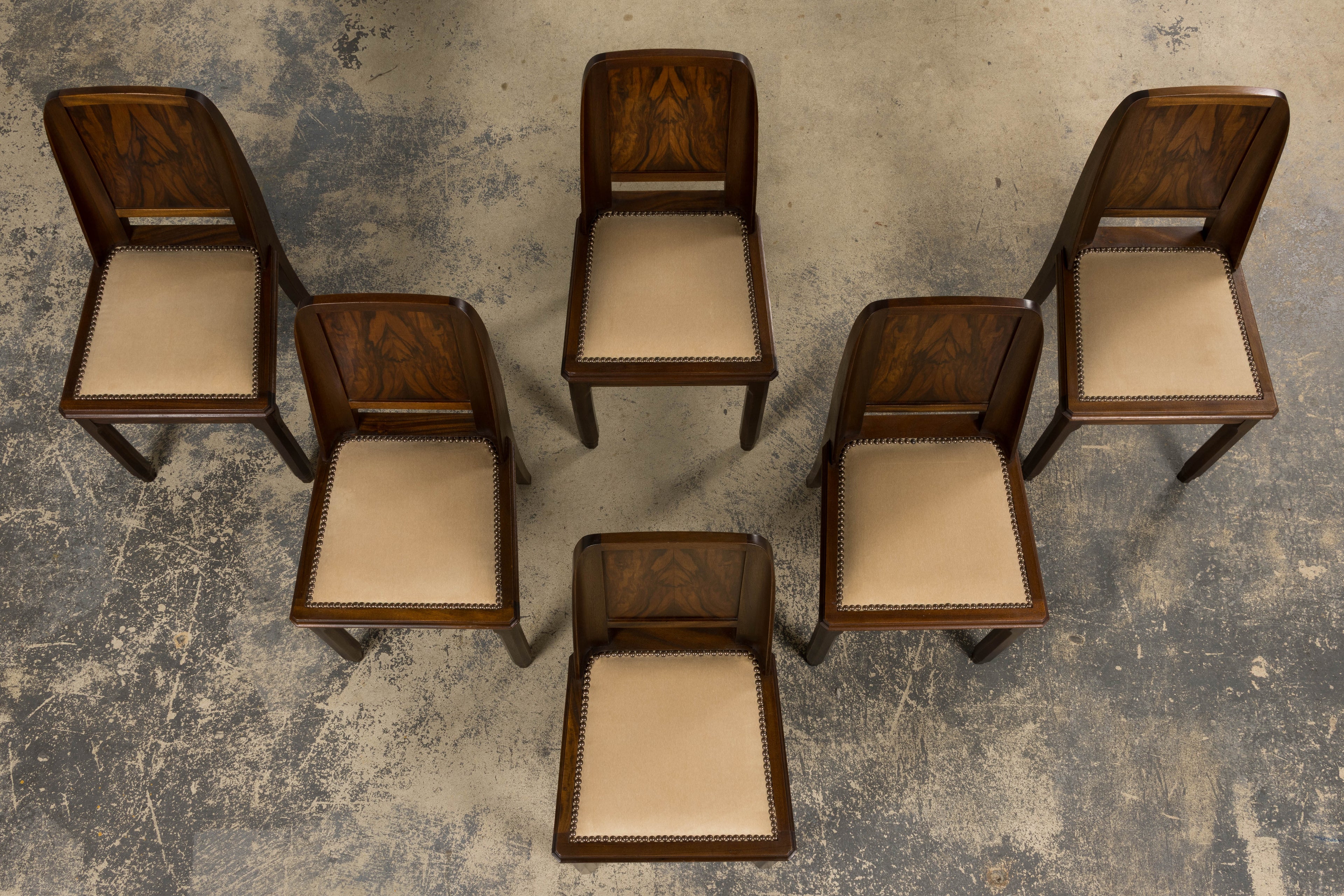 ON HOLD 1930s French Art Deco Mahogany Dining Chairs W/ Beige Velvet - Set of 6