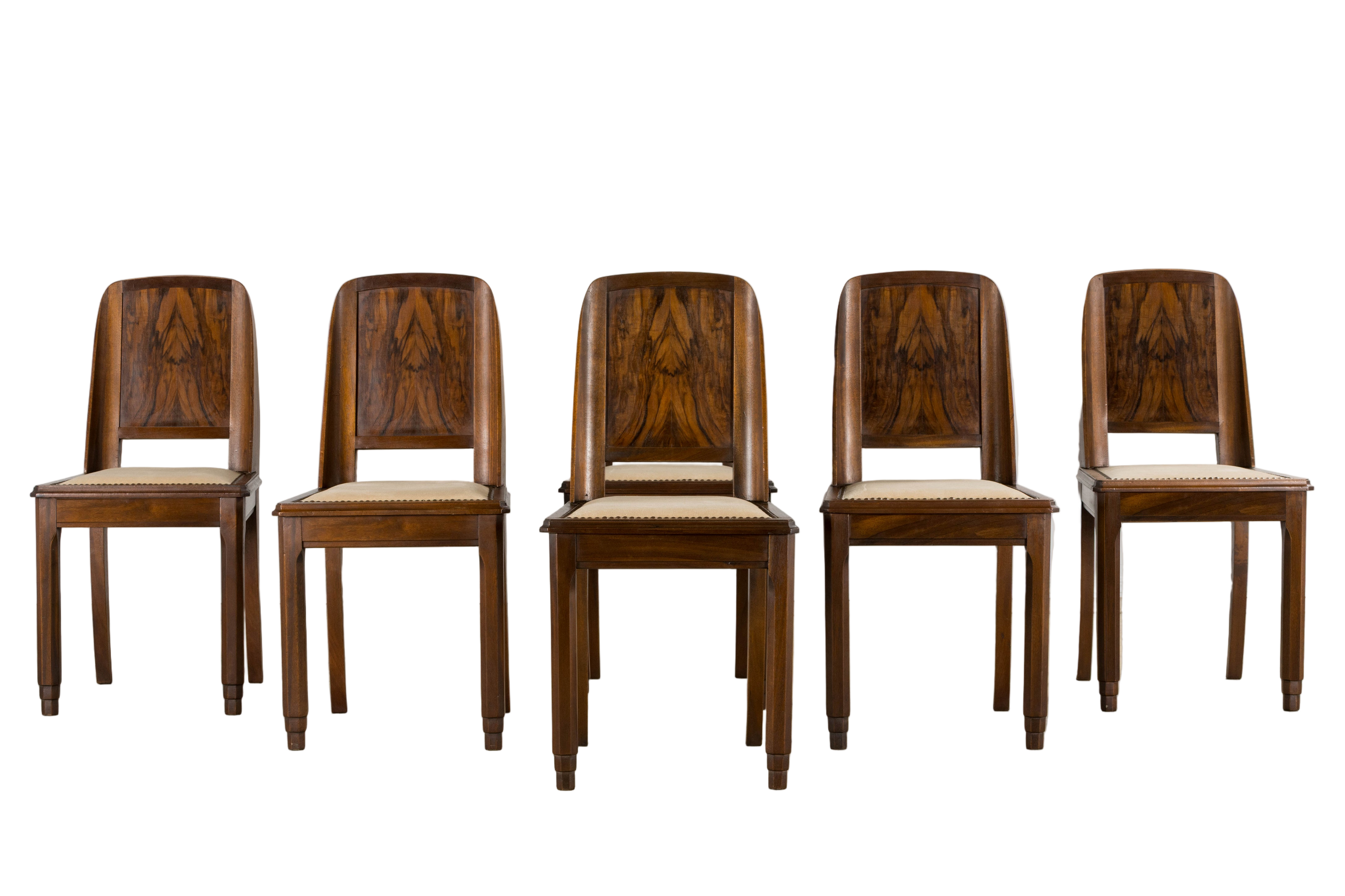 ON HOLD 1930s French Art Deco Mahogany Dining Chairs W/ Beige Velvet - Set of 6