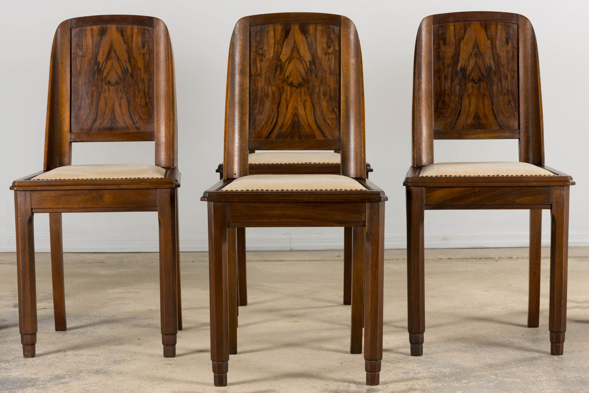 1930s French Art Deco Mahogany Dining Chairs W/ Beige Velvet - Set of 6