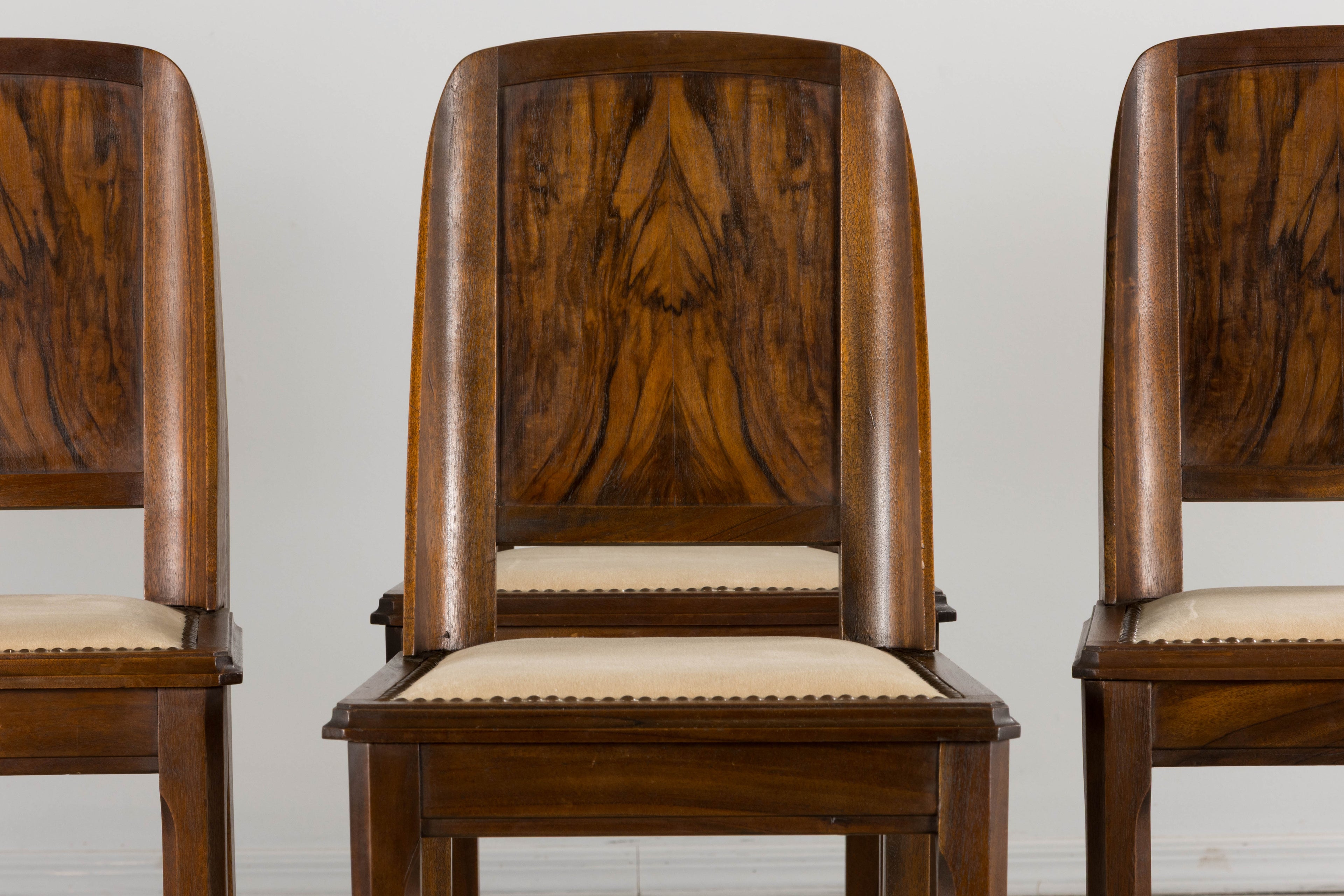 ON HOLD 1930s French Art Deco Mahogany Dining Chairs W/ Beige Velvet - Set of 6