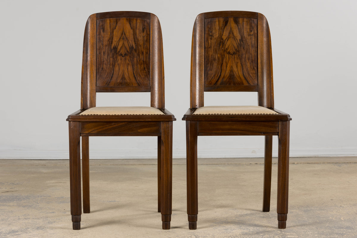 1930s French Art Deco Mahogany Dining Chairs W/ Beige Velvet - Set of 6