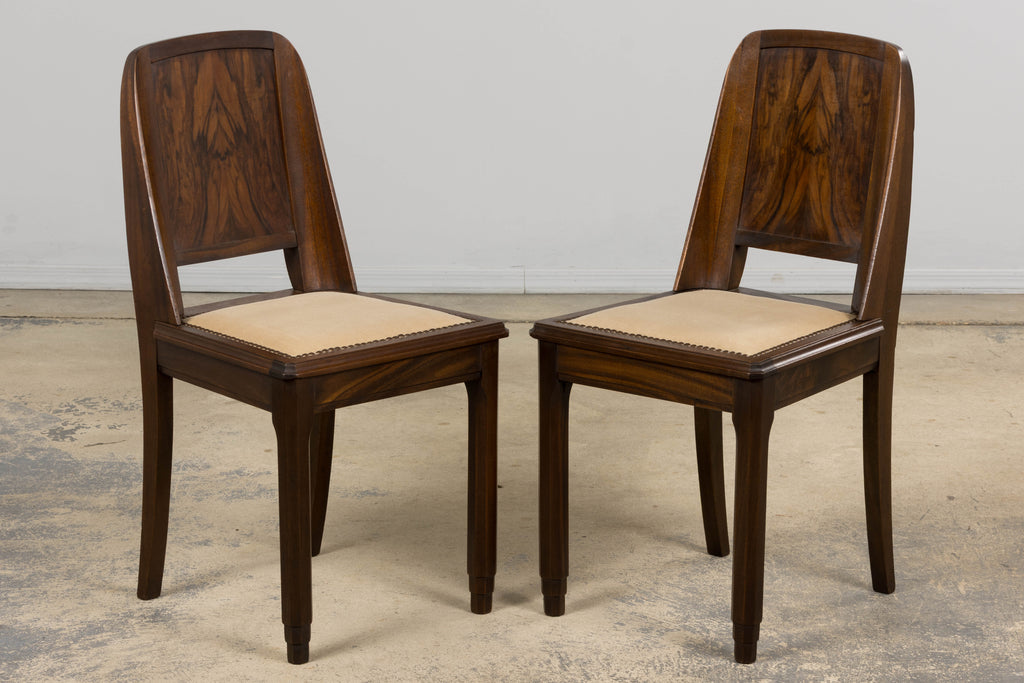 ON HOLD 1930s French Art Deco Mahogany Dining Chairs W/ Beige Velvet - Set of 6