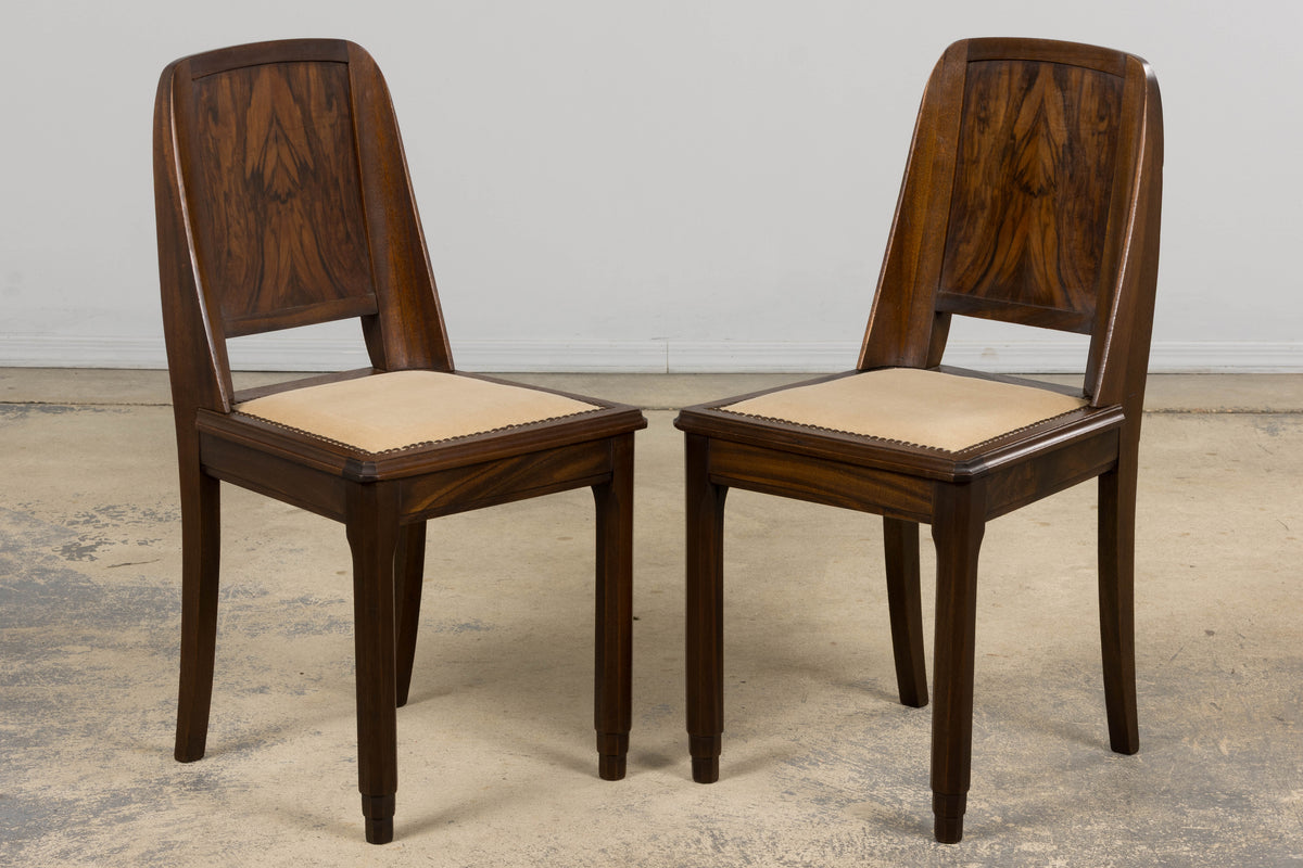 1930s French Art Deco Mahogany Dining Chairs W/ Beige Velvet - Set of 6