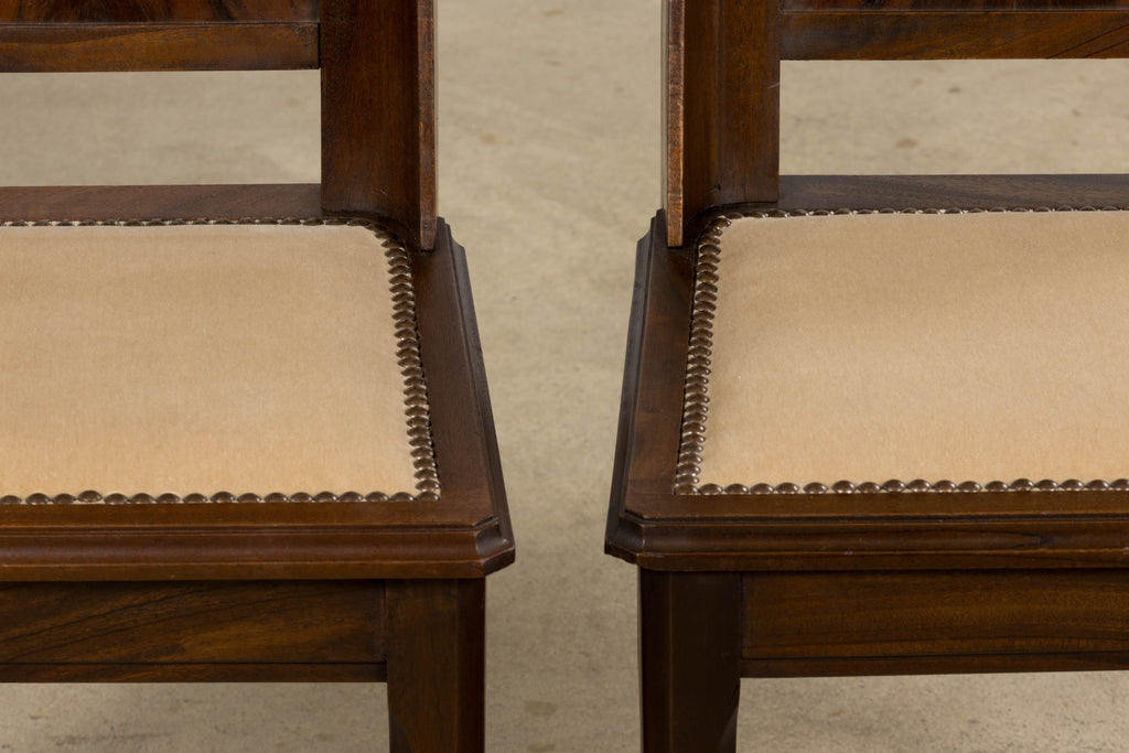 ON HOLD 1930s French Art Deco Mahogany Dining Chairs W/ Beige Velvet - Set of 6
