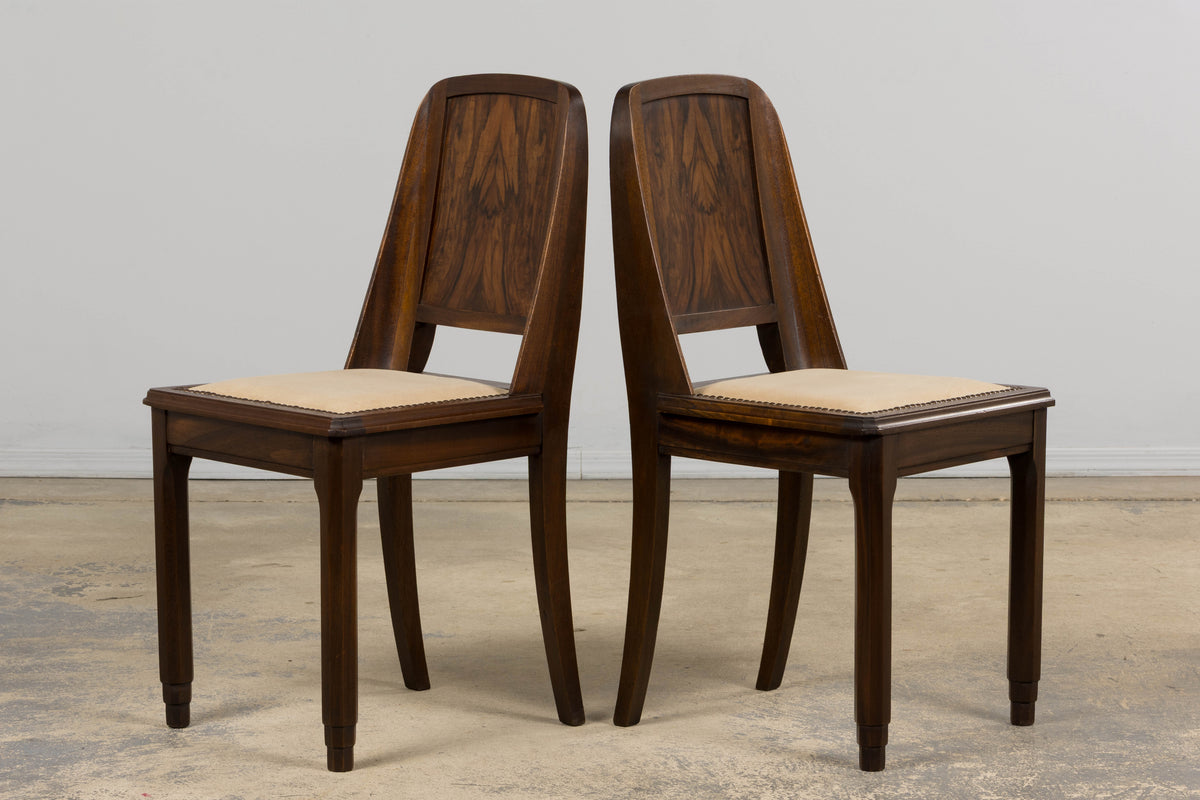 1930s French Art Deco Mahogany Dining Chairs W/ Beige Velvet - Set of 6