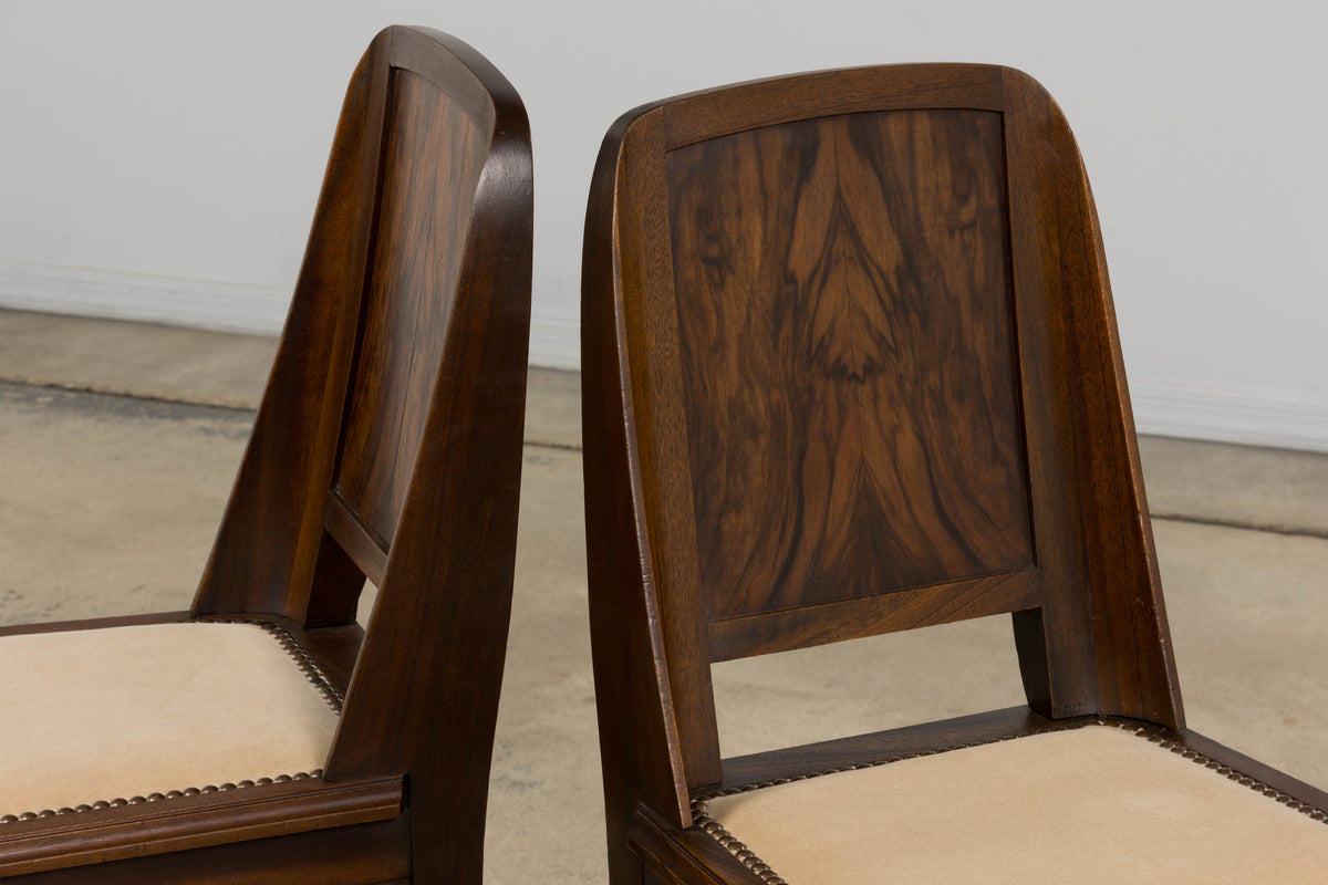 1930s French Art Deco Mahogany Dining Chairs W/ Beige Velvet - Set of 6