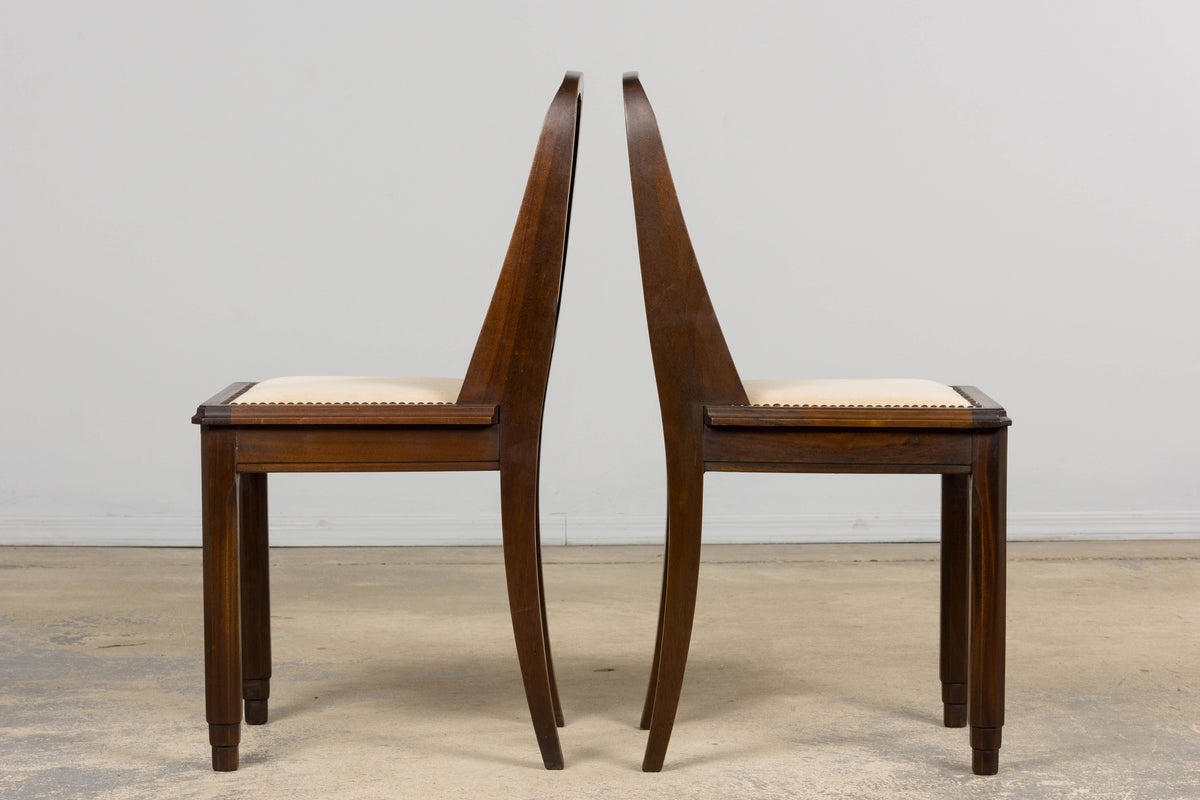 1930s French Art Deco Mahogany Dining Chairs W/ Beige Velvet - Set of 6