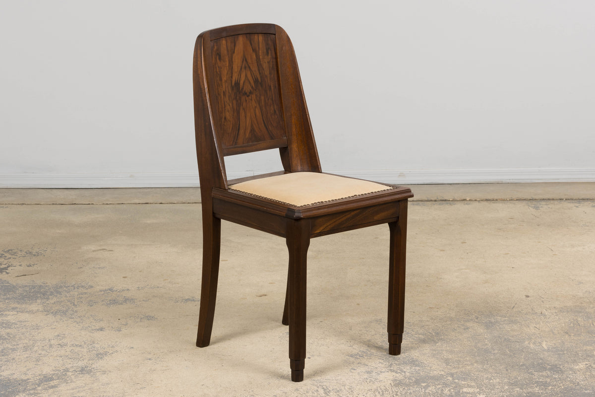 1930s French Art Deco Mahogany Dining Chairs W/ Beige Velvet - Set of 6