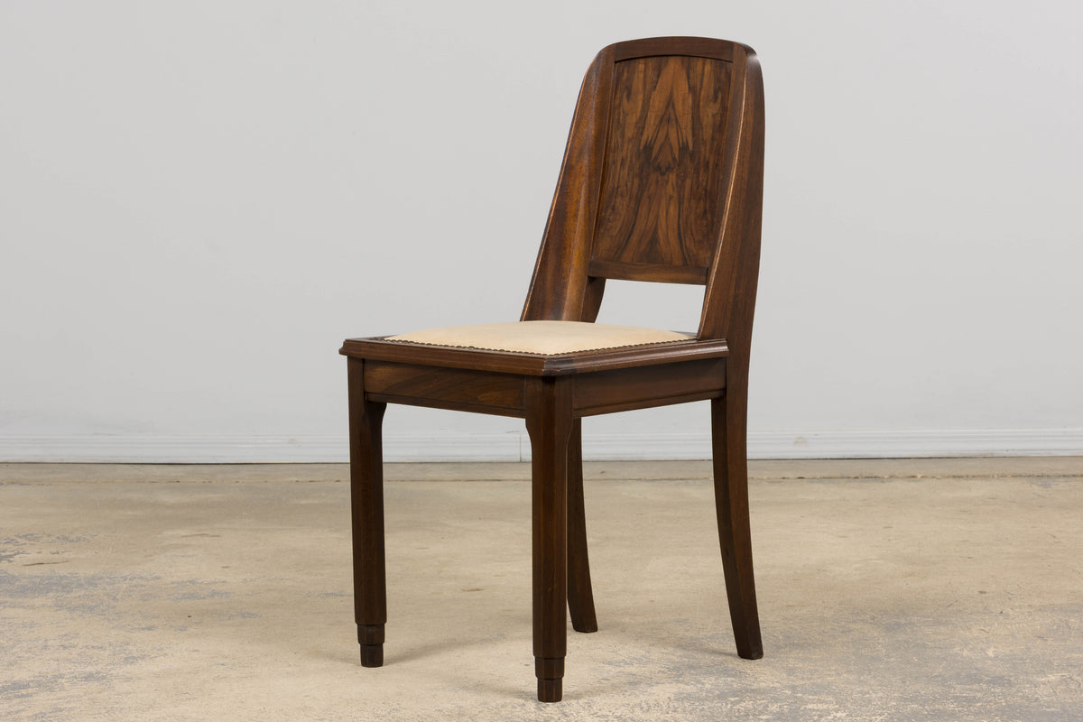 1930s French Art Deco Mahogany Dining Chairs W/ Beige Velvet - Set of 6