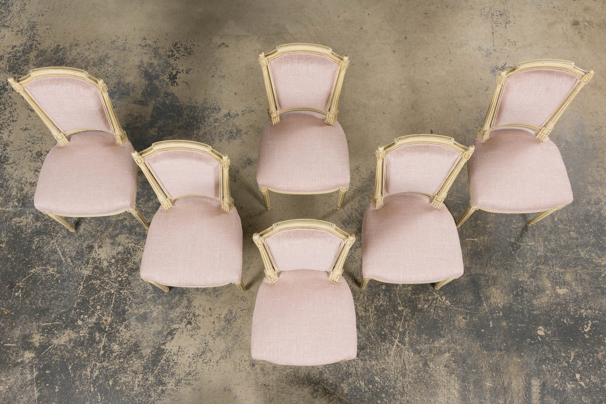 Antique French Louis XVI Style Painted Dining Chairs in Blush Pink - Set of 6