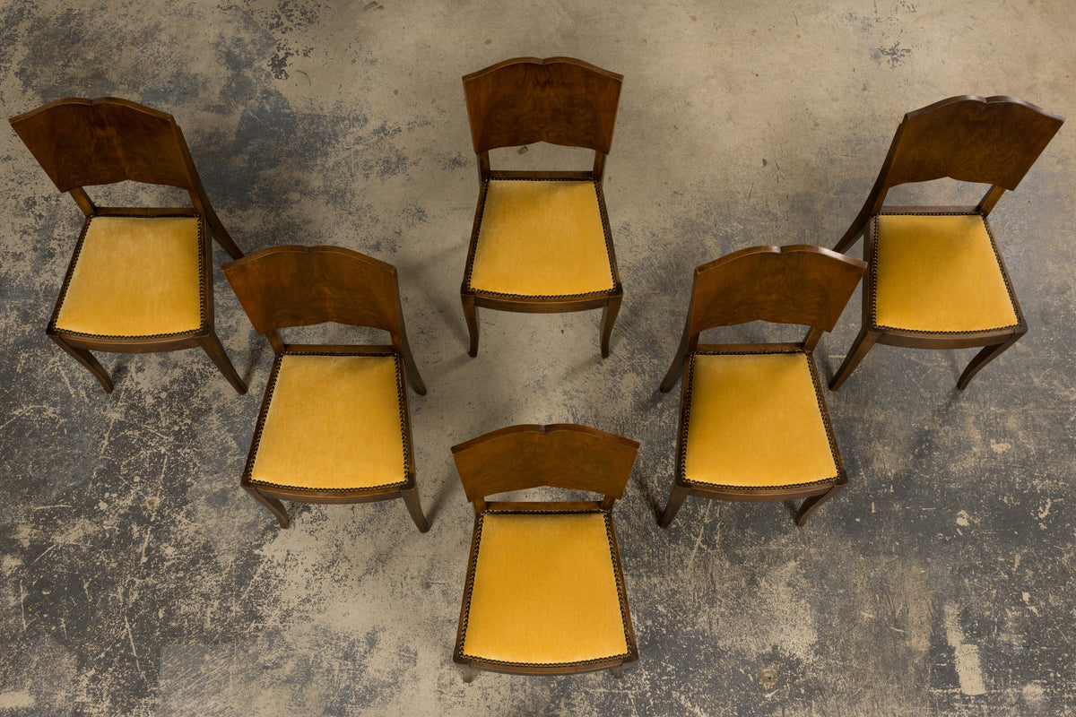 1930s French Art Deco Mustache Back Oak Dining Chairs in Golden Velvet - Set of 6