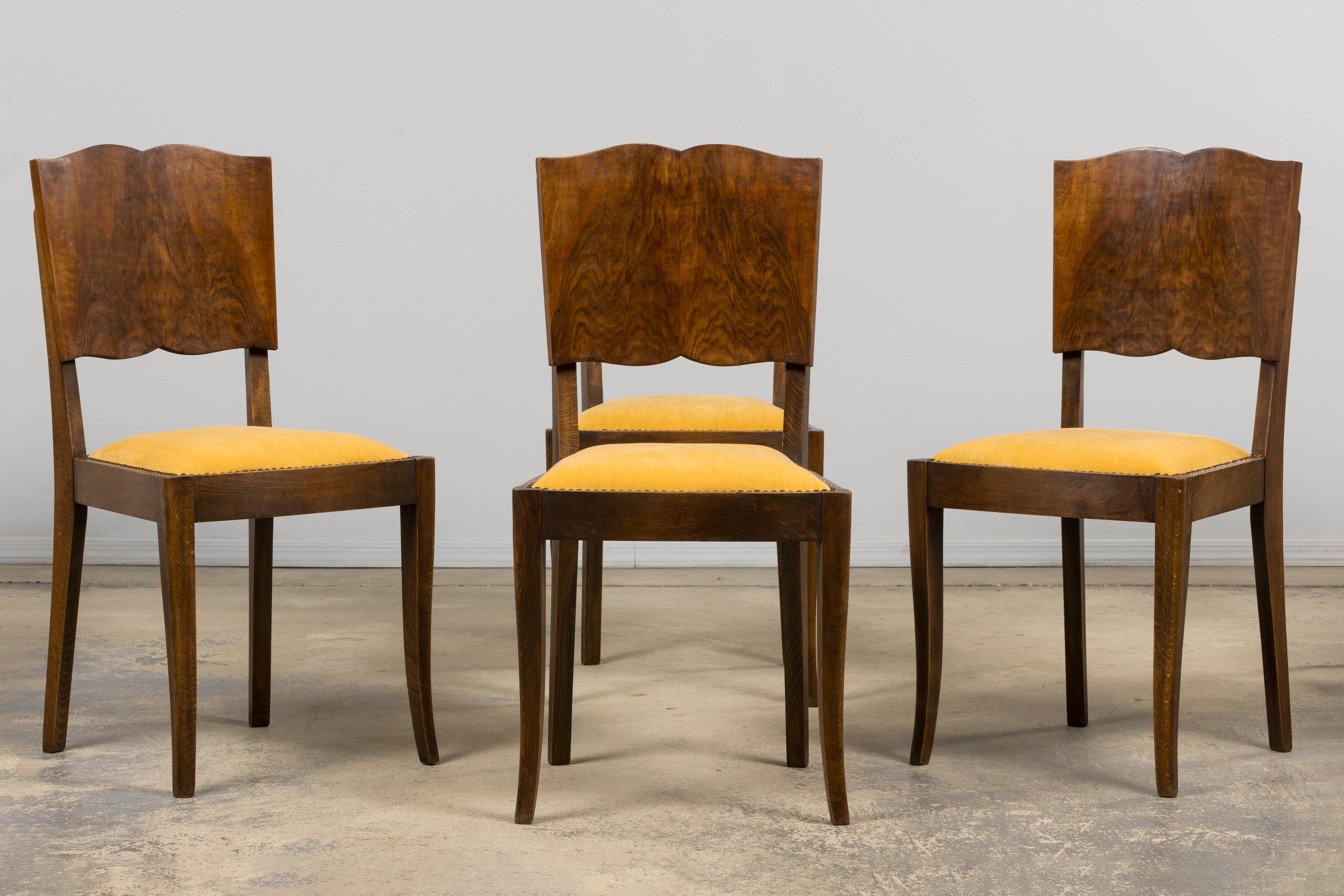 1930s French Art Deco Mustache Back Oak Dining Chairs in Golden Velvet - Set of 6