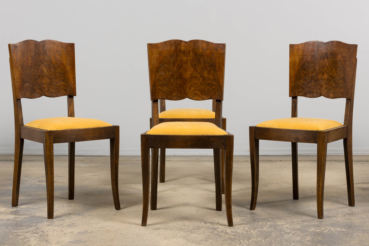 1930s French Art Deco Mustache Back Oak Dining Chairs in Golden Velvet - Set of 6