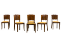 1930s French Art Deco Mustache Back Oak Dining Chairs in Golden Velvet - Set of 6
