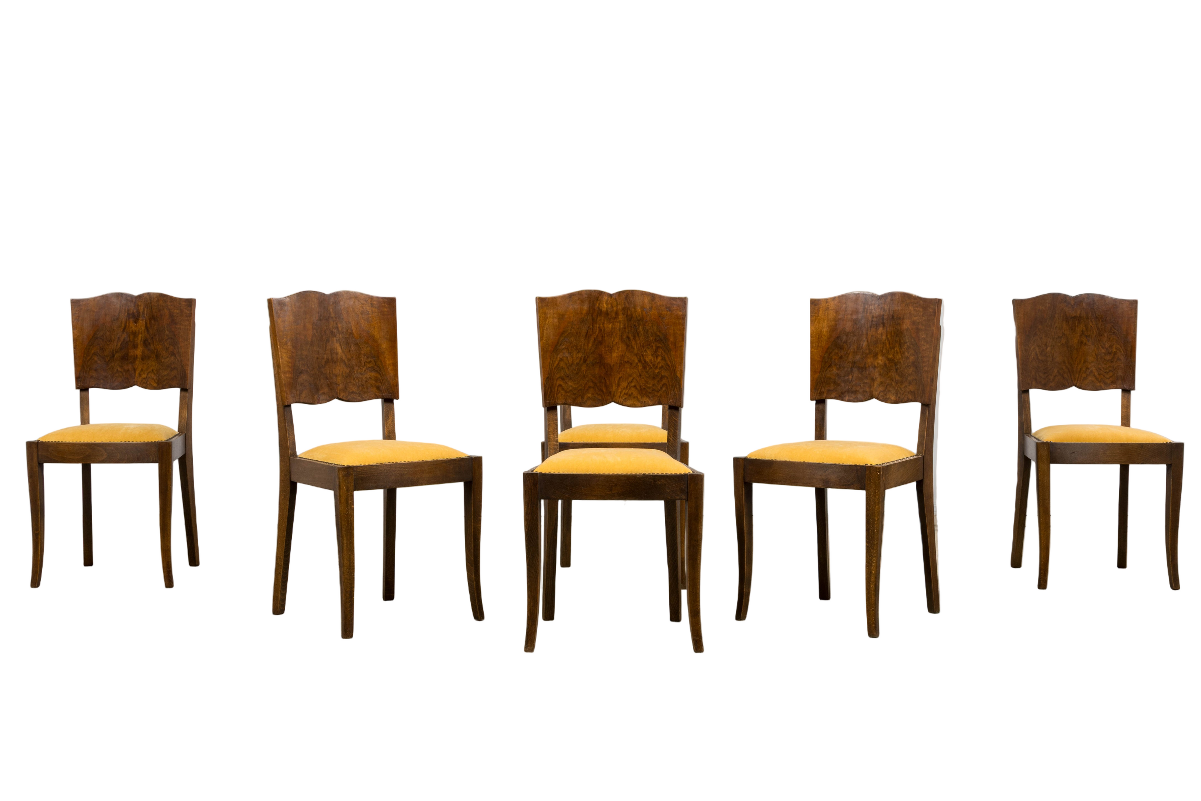 1930s French Art Deco Mustache Back Oak Dining Chairs in Golden Velvet - Set of 6