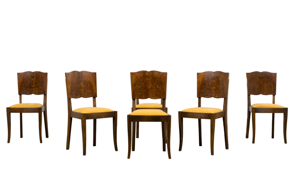 1930s French Art Deco Mustache Back Oak Dining Chairs in Golden Velvet - Set of 6