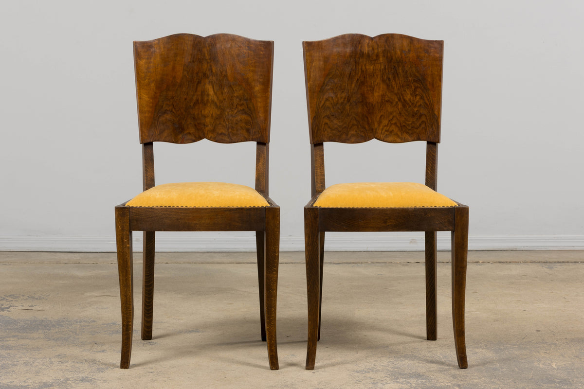 1930s French Art Deco Mustache Back Oak Dining Chairs in Golden Velvet - Set of 6