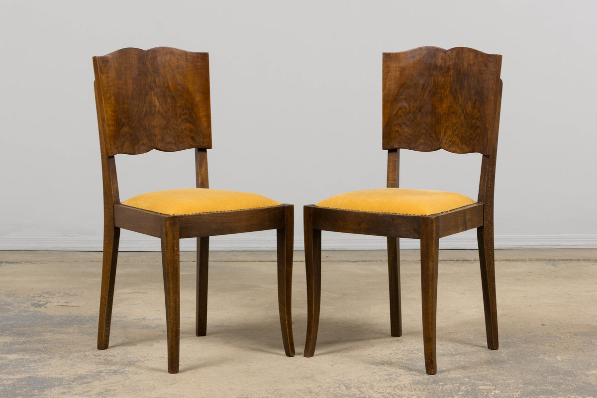 1930s French Art Deco Mustache Back Oak Dining Chairs in Golden Velvet - Set of 6