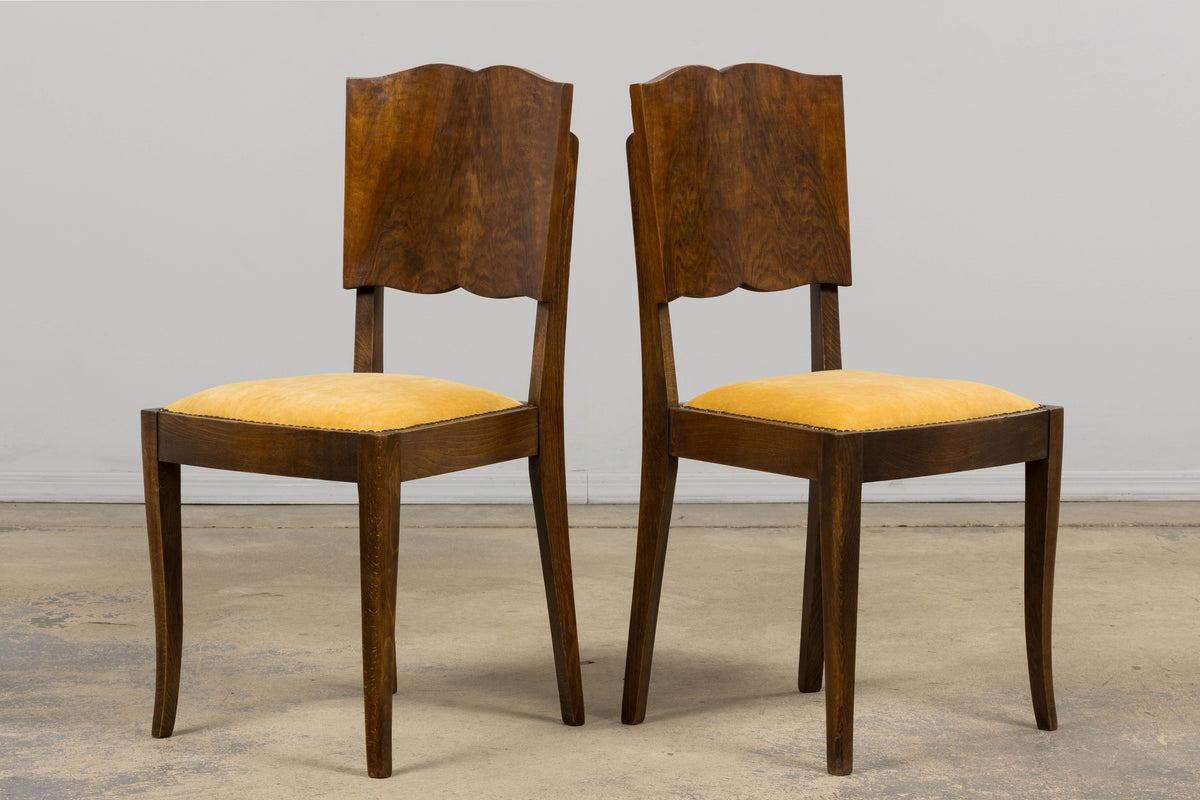 1930s French Art Deco Mustache Back Oak Dining Chairs in Golden Velvet - Set of 6