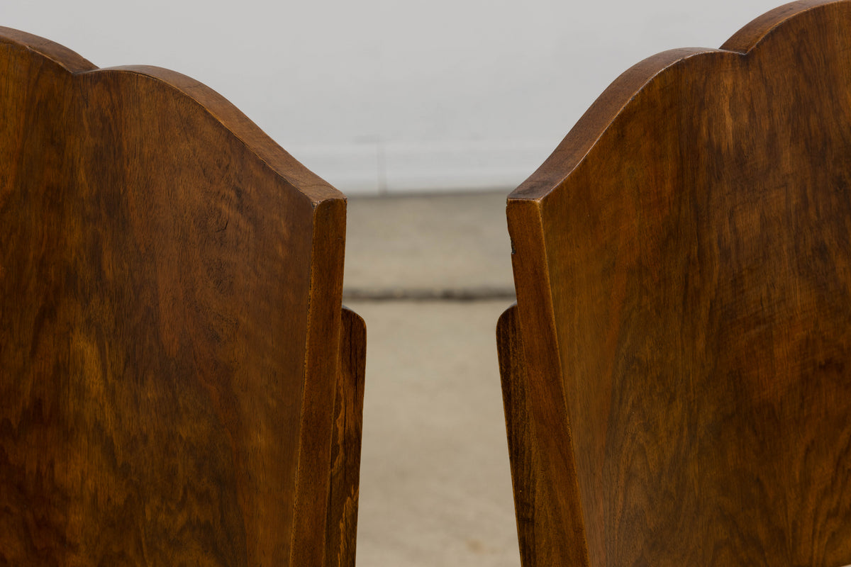 1930s French Art Deco Mustache Back Oak Dining Chairs in Golden Velvet - Set of 6