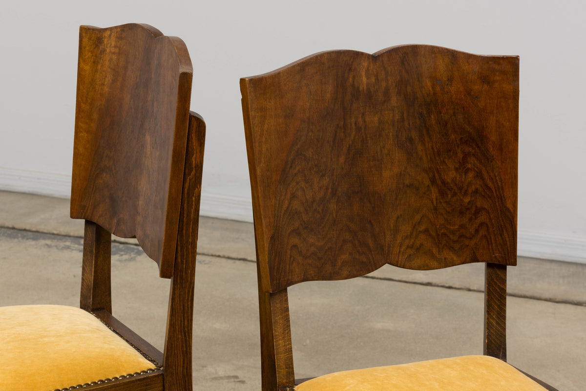 1930s French Art Deco Mustache Back Oak Dining Chairs in Golden Velvet - Set of 6