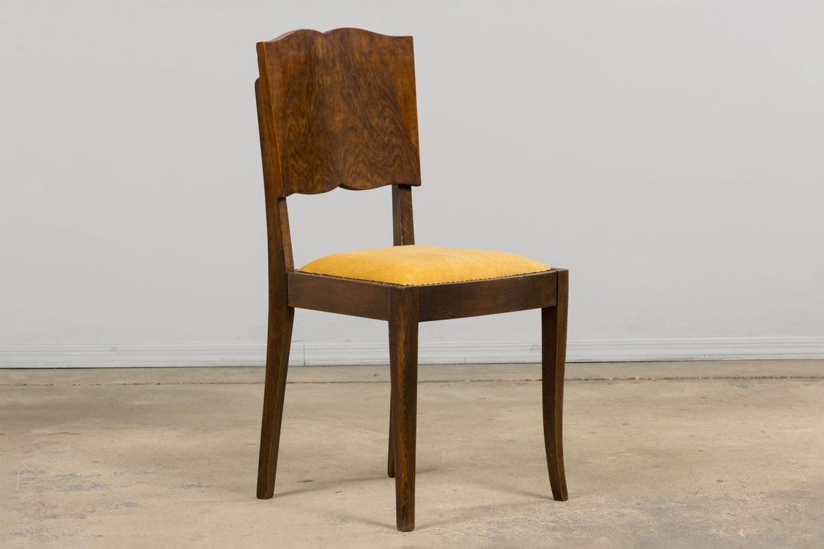 1930s French Art Deco Mustache Back Oak Dining Chairs in Golden Velvet - Set of 6