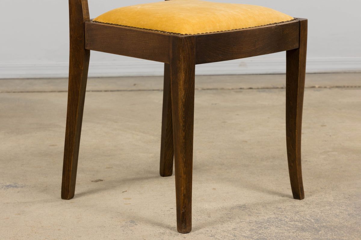 1930s French Art Deco Mustache Back Oak Dining Chairs in Golden Velvet - Set of 6