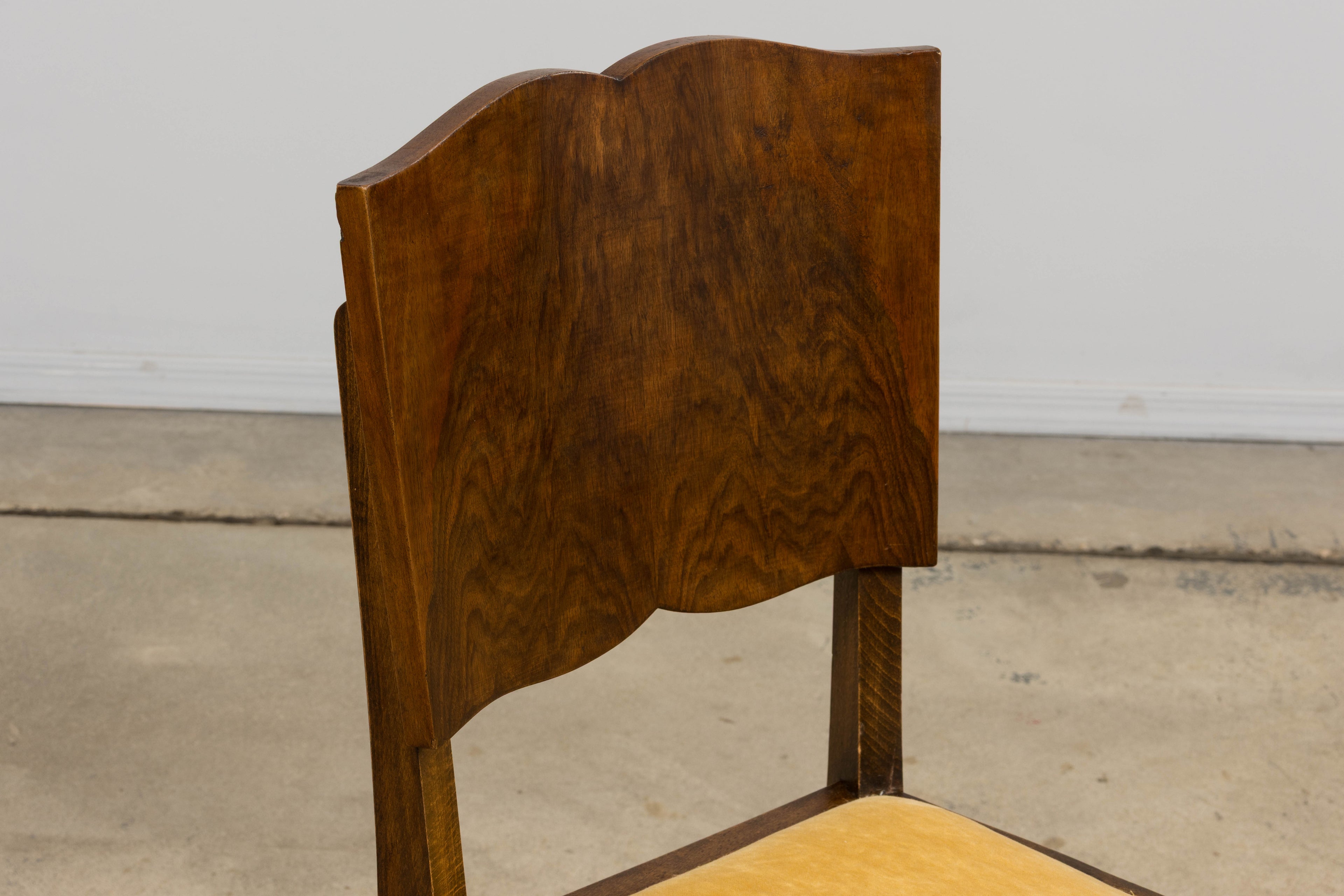 1930s French Art Deco Mustache Back Oak Dining Chairs in Golden Velvet - Set of 6