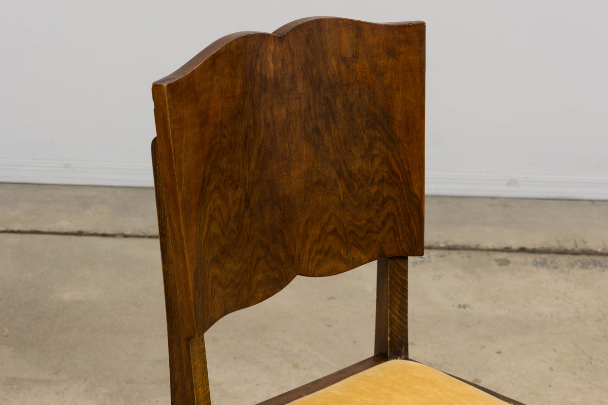 1930s French Art Deco Mustache Back Oak Dining Chairs in Golden Velvet - Set of 6