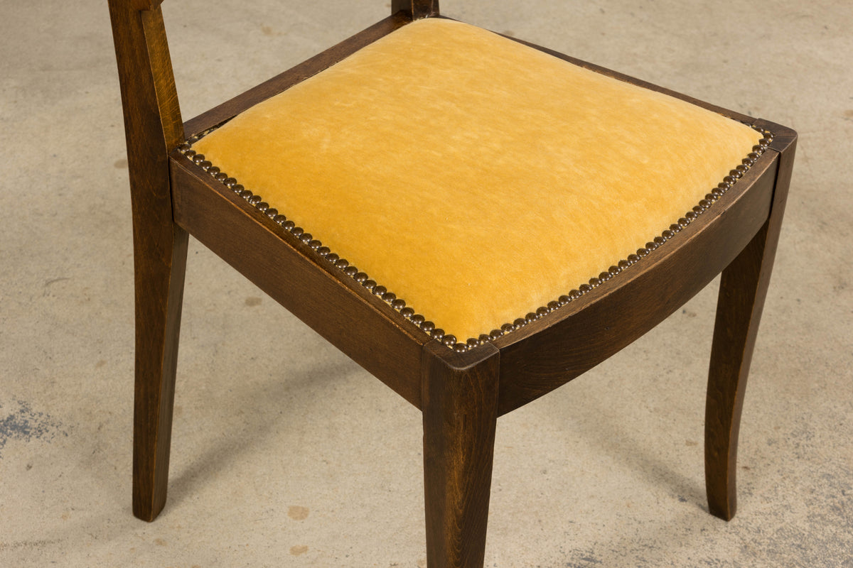 1930s French Art Deco Mustache Back Oak Dining Chairs in Golden Velvet - Set of 6