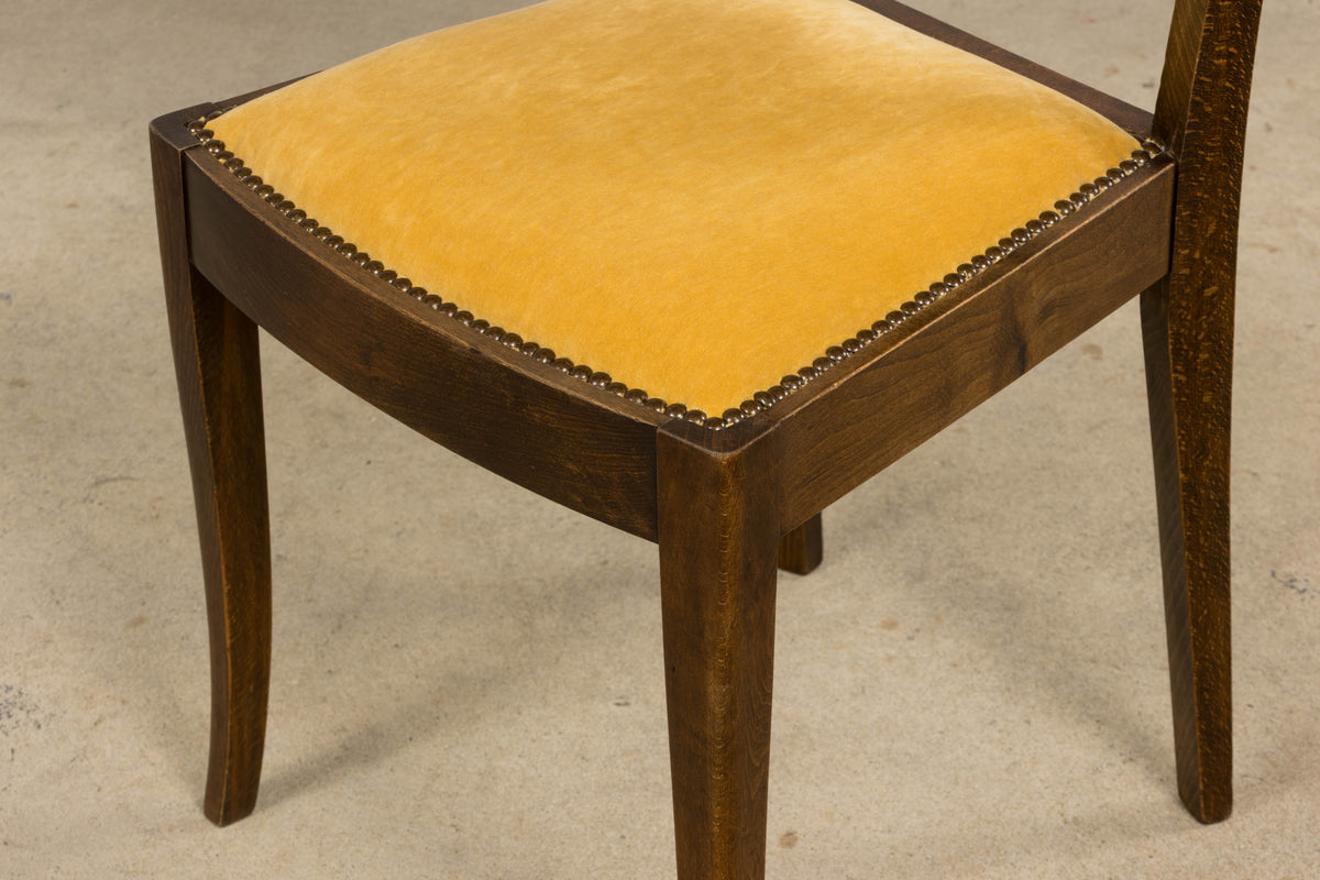 1930s French Art Deco Mustache Back Oak Dining Chairs in Golden Velvet - Set of 6