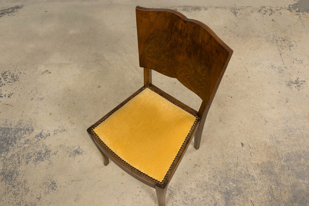 1930s French Art Deco Mustache Back Oak Dining Chairs in Golden Velvet - Set of 6