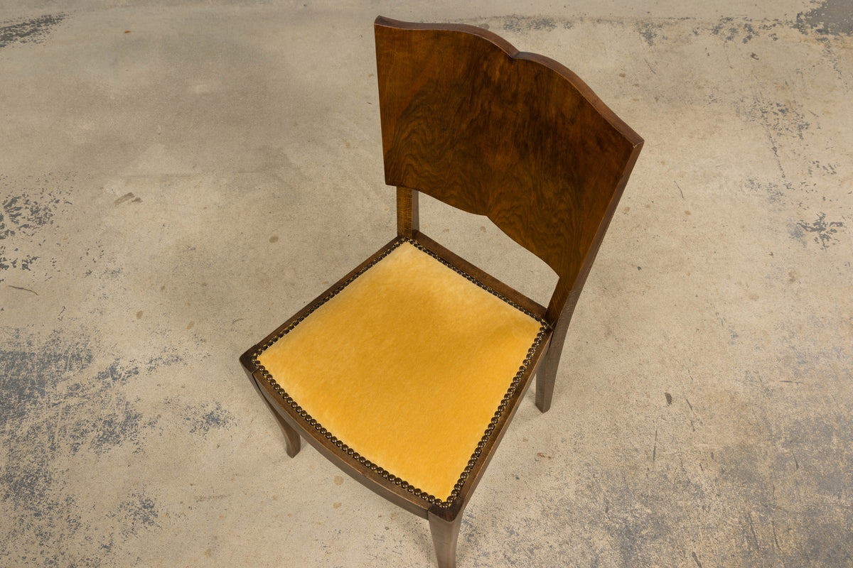1930s French Art Deco Mustache Back Oak Dining Chairs in Golden Velvet - Set of 6