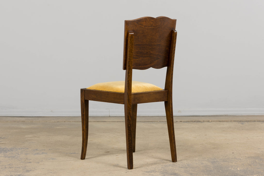 1930s French Art Deco Mustache Back Oak Dining Chairs in Golden Velvet - Set of 6