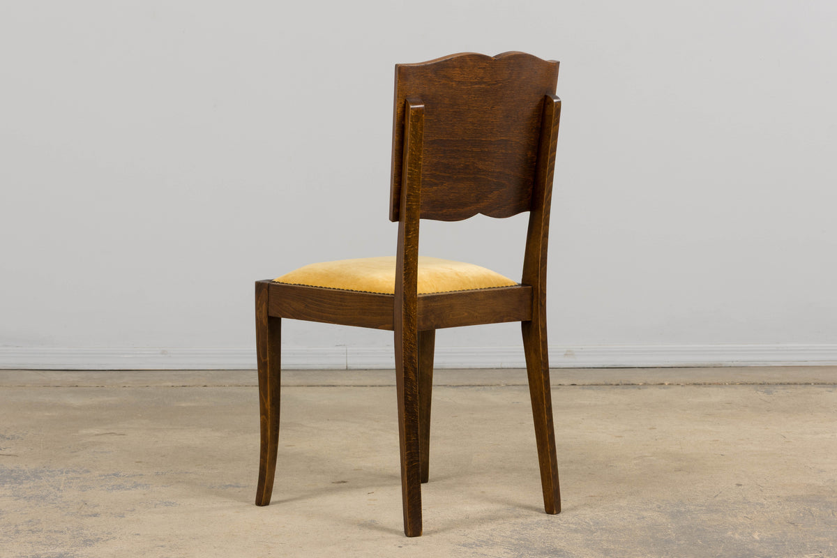 1930s French Art Deco Mustache Back Oak Dining Chairs in Golden Velvet - Set of 6