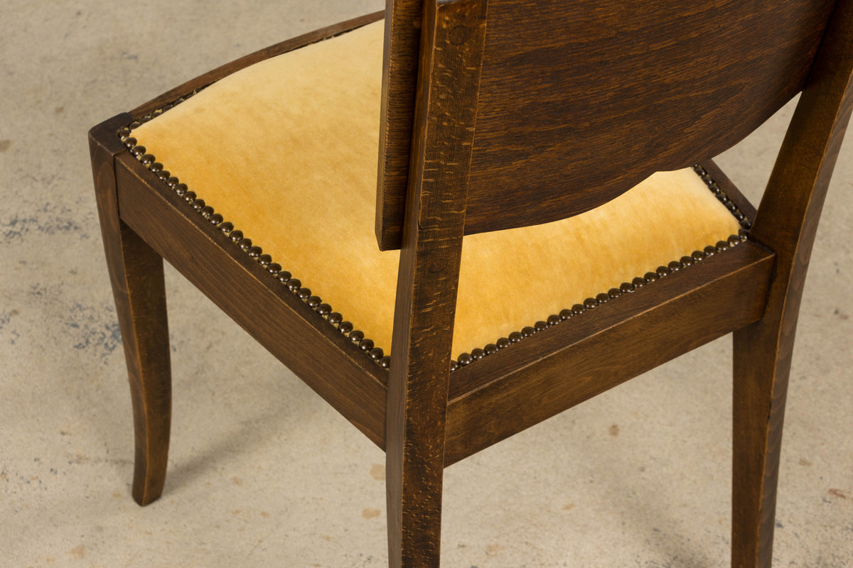1930s French Art Deco Mustache Back Oak Dining Chairs in Golden Velvet - Set of 6