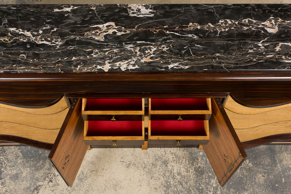 1940s French Art Deco Macassar Sideboard W/ Black Marble Top