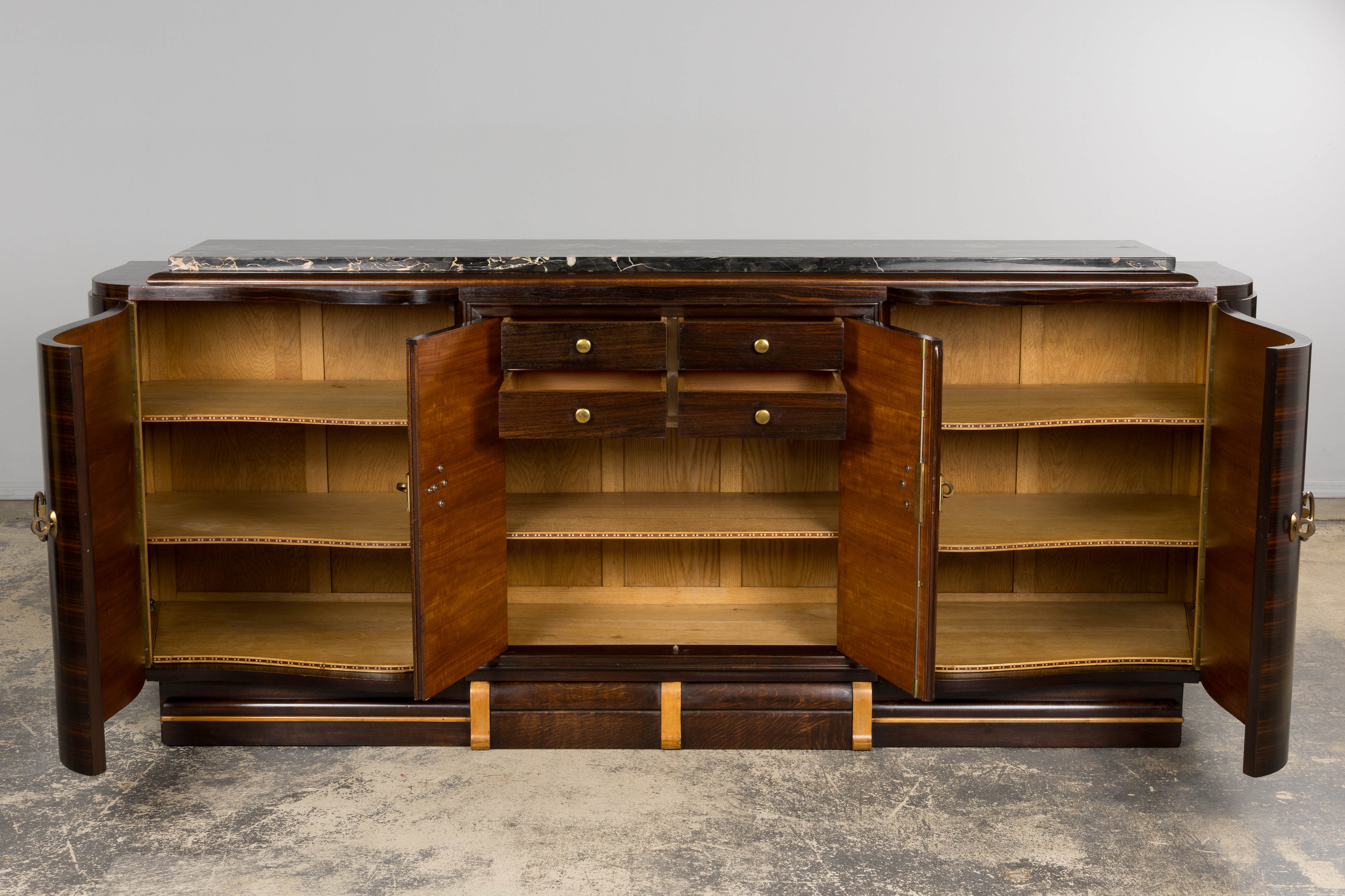 1940s French Art Deco Macassar Sideboard W/ Black Marble Top